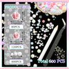 600Pcs Rose Flowers Nail Charms and Flatback Pearls,Mixed Size 3D Flower Cute Nail Charms for Acrylic Nail Supplies Design,White Half Pearls for Nail Jewelry DIY Crafts Nail Art Decoration Accessories
