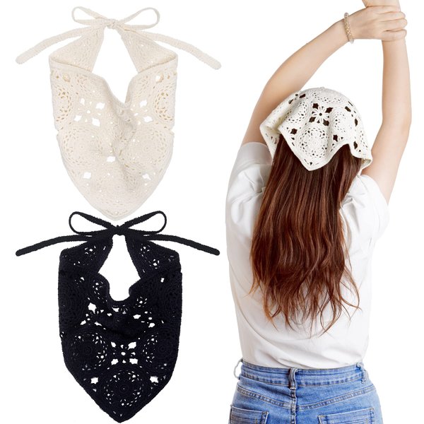 hoyuwak 2Pcs Crochet Bandanas Headbands Hairbands Head Scarf Hair Scarf for Women Girls Knitted Floral Hair Accessories for Hair Styling Decor(White, Black)