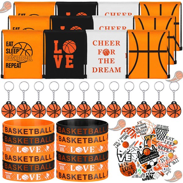 86 Pcs Basketball Party Favors Basketball Sports Drawstring Present Bags Basketball Goodie Bags Basketball Silicone Bracelets Wristbands Basketball Keychains Stickers for Basketball Birthday Supplies