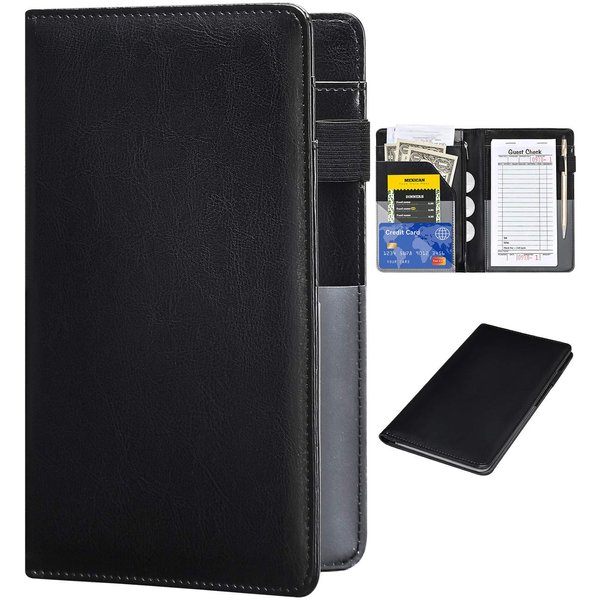 Server Books for Waitress - Leather Waiter Book Server Wallet with Zipper, Cute Waitstaff Organizer with Money Pocket Fit Server Apron（Classic Black）