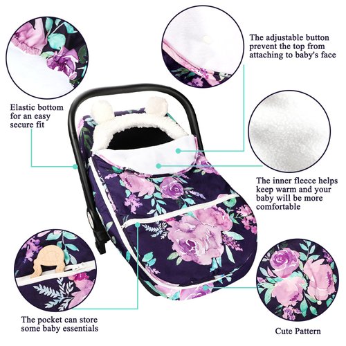 Winter Carseat Cover Girls, Purple Cozy & Warm Cover, Infant Car Seat Canopy, Ultra-Soft Breathable Protect Baby from Cold Wind, Zipped Removable Design