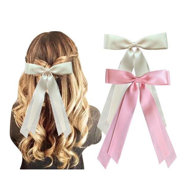 Silky Satin Ribbon Bow Hair Clips for Women Bowknot Hair Ponytail Holder Accessories for Women Girls Toddlers Teens Kids Party Wedding Prom Daily Outfits (Beige+Pink)