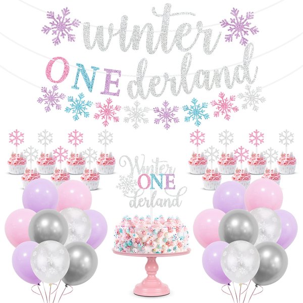 Winter Onederland 1st Birthday Decorations Girl, Winter Onederland Banner, Cake Topper, Snowflake Balloons Garland for Winter Wonderland Baby Shower Girls Winter First Birthday Party Supplies