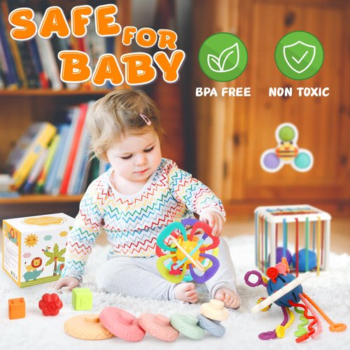 Baby Toys 6-12 Months,5 in 1 Montessori Toys for Babies 6-12 Months,Pull String Infant Teething Toys,Stacking Rings,Color Shape Sensory,Suction Cup Spinner Toys for 6-9-12 to 18 M+ Birthday Gifts