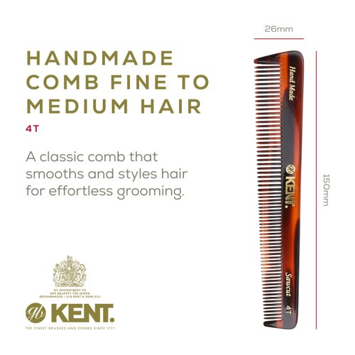 Kent 4T 6 Inch Double Tooth Hair Dressing Comb, Fine and Wide Tooth Dresser Comb For Hair, Beard and Mustache, Coarse and Fine Hair Styling Grooming Comb for Men, Women and Kids. Made in England