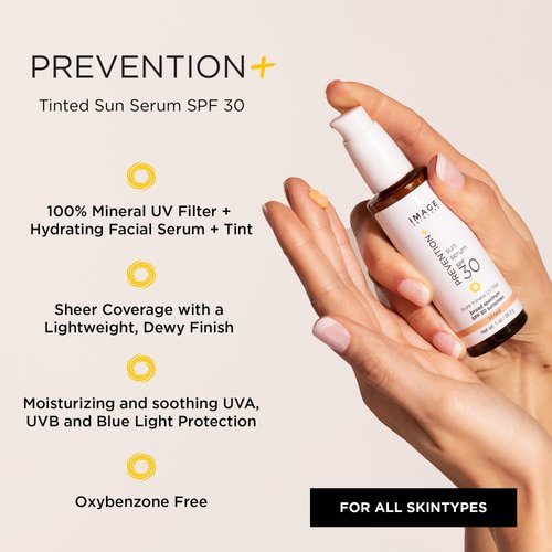 IMAGE Skincare, PREVENTION+ Sun Serum SPF 30 Mineral Sunscreen for Face, Non Comedogenic, Wear Under Makeup, Perfect Travel Size, Tinted 1.0 oz