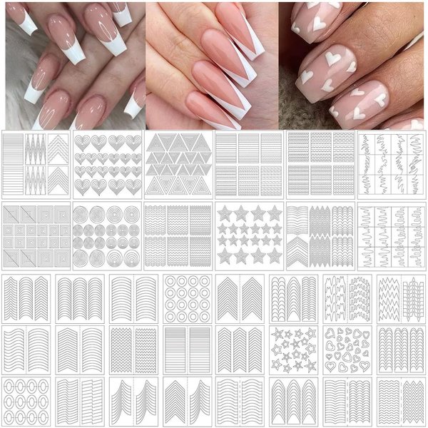 MOLILON 2720pcs French Tip Nail Guides French Nail Stickers Stencil French Nail Art Tips Guides Self Adhesive French Manicure Strips for Edge Auxiliary Stickers Decals (60 Designs, 36 Sheets)
