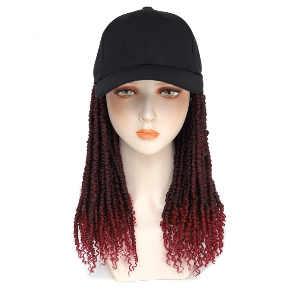 AliRobam Braid Hat Wig Short Baseball Cap Wig with Pre-Twisted Passion Twist Crochet Hair Synthetic Curly Ends Wig Hat Adjustable Black Baseball Hat Wig for Women Black Burgundy color(14inch, TBug)