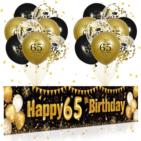 65th Birthday Decorations for Men Women Black and Gold, Black Gold Birthday Yard Banner Sign and 18 PCS 65th Happy Birthday Balloons for 65th Anniversary Birthday Party Supplies Outdoor Yard Decor