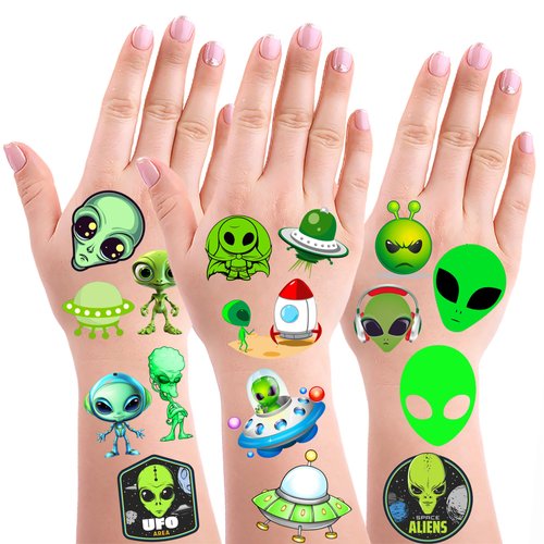 OriniPlay 300 PCS Green Alien Theme Tattoos Temporary Stickers Suitable for Outer UFO Space Alien Themed Birthday Party Supplies Decor Goodie Bag Stuffers (30 Sheets)