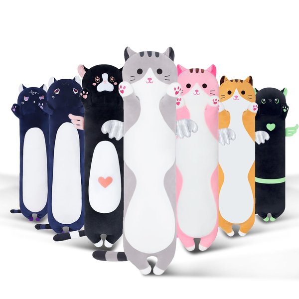 Sausudols Long Cat Plush Body Pillow, Cute Cat Plush Toy Pillows with Wings, Stuffed Animals Kitten Soft Plushies Gifts for Kids Girls Girlfriend(Grey, 19.6in/50cm)