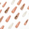 Hkanlre Marble Press on Nails French Long Brown Fake Coffin Nails Ballerina Tips Full Cover Luxury False Rhinestones Nails for Women and Girls 24PCS