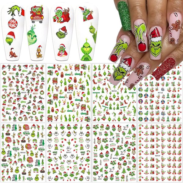 8 Sheets Christmas Nail Art Stickers 3D Xmas Nail Decals Self Adhesive Xmas Tree Bell Winter Nail Stickers Holiday Nail Design Christmas Nail Stickers for Women Girls Christmas Nail Art Decoration
