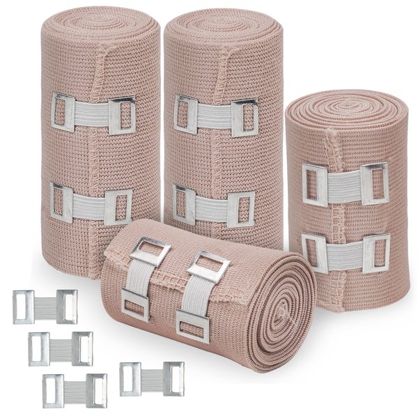D&H Medical Elastic Bandage Wrap – 4 Pack Premium Compression Bandage Rolls + 4 Extra Clips | 2 Rolls of Each Size (4 Inch x 5 Feet & 3 Inch x 5 Feet), Elastic Bandage for Wrist, Calf, Ankle & Foot