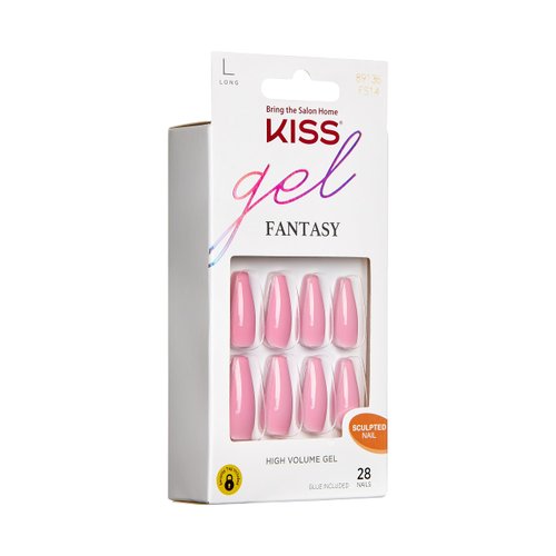KISS Gel Fantasy Press On Nails, Nail glue included, True Color', White, Long Size, Coffin Shape, Includes 28 Nails, 2g glue, 1 Manicure Stick, 1 Mini File