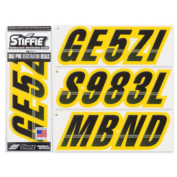 Stiffie Techtron Black/Yellow 3" Alpha-Numeric Registration Identification Numbers Stickers Decals for Boats & Personal Watercraft