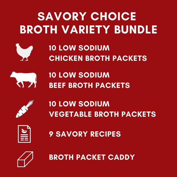 Savory Choice Reduced Sodium Broth Concentrate Variety Pack - 10 Each of Beef, Chicken, Vegetable Packets (30 Total), 9 Soup & Savory Recipes & Stock Caddy by Foxtail Collective, Convenient, Gluten-Free, Dairy-Free