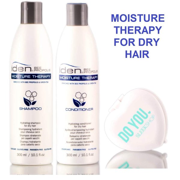 Iden Bee Propolis MOISTURE THERAPY Shampoo & Conditioner, Hydrating for DRY HAIR - DUO Set (with Sleek Compact Mirror) (10.1 oz / 300 ml - DUO Kit)