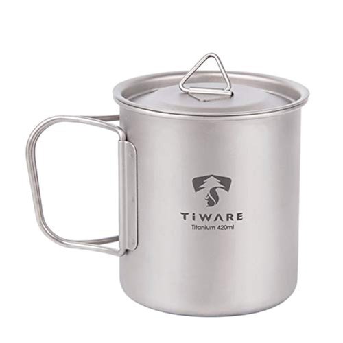 Titanium Dual Purpose Camping Mug Cup or Pot with Lid Ultra-Light Weight Tableware Durable w. Foldable Handles for Space Saver & Portable Carrying Bag Reusable 420ML/14 FL OZ Eco-Friendly long lasting