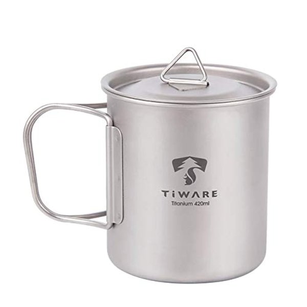 Titanium Dual Purpose Camping Mug Cup or Pot with Lid Ultra-Light Weight Tableware Durable w. Foldable Handles for Space Saver & Portable Carrying Bag Reusable 420ML/14 FL OZ Eco-Friendly long lasting