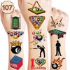 107 PCS Snooker Billiards Themed Temporary Tattoos Themed Birthday Party Decorations Favors Supplies Decor Cute Pool Ball Sports Tattoo Stickers Gifts for Game Kids Boys Girls School Rewards Carnival