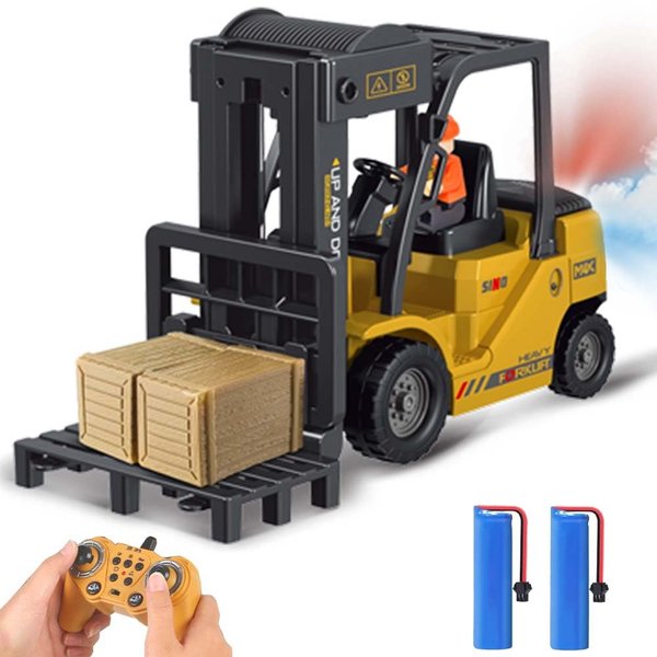 11 Channel Remote Control Forklift Toy - Sprayable RC ForkLifts with Wooden Boxes, 1:24 Pretend Construction Trucks Toy ForkLift with Light & Sound, Bulldozers Engineering Vehicle Tractor Toy for Kids