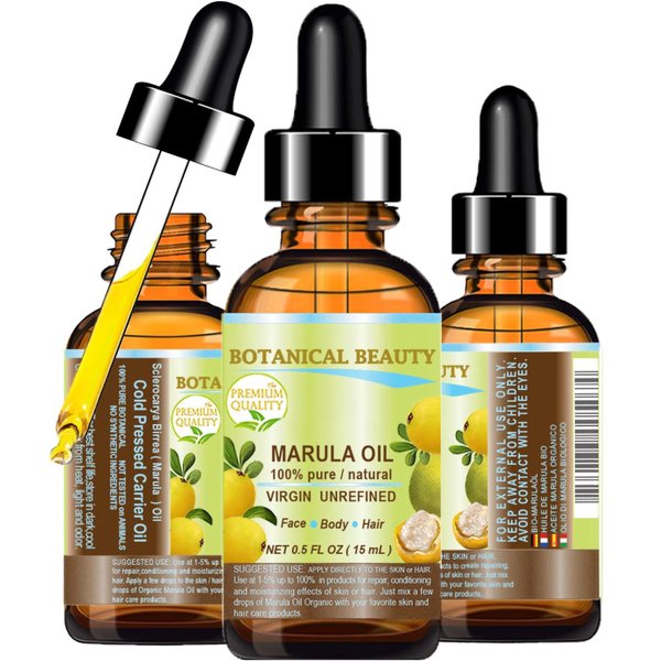 Botanical Beauty MARULA OIL WILD GROWTH 100% Pure Virgin Unrefined Cold-Pressed Carrier Oil 0.5 Fl.oz.- 15 ml for Face Skin Body Hair Lip Nails Face Oil