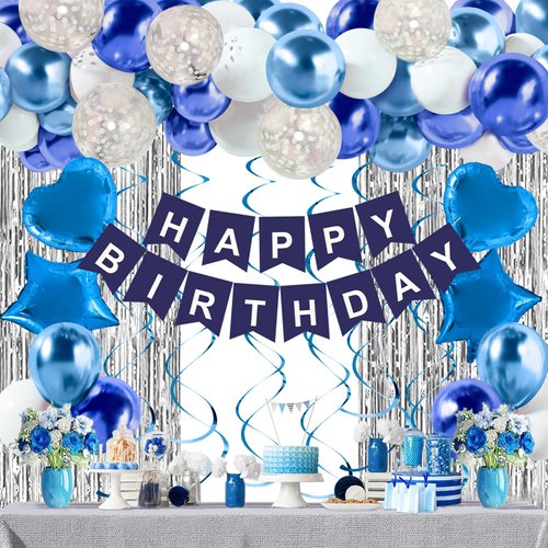 Blue Birthday Decorations for Boys Men - 50 PCS Blue Party Decorations include Happy Birthday Banner Silver Fringe Curtain Heart Star Balloons and Hanging Swirls for Birthday Party Supplies