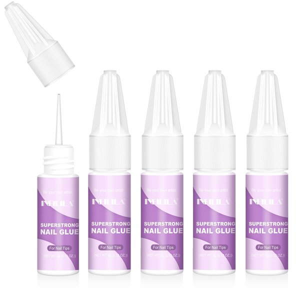 NXJ INFILILA Super Strong Nail Glue for Acrylic Nails, Nail Tips and Presser Nails Professional Nail Art Glue Fake Nail Tip Break Adhesive Fake Nail Repair Long Lasting 0.1oz 5Pcs