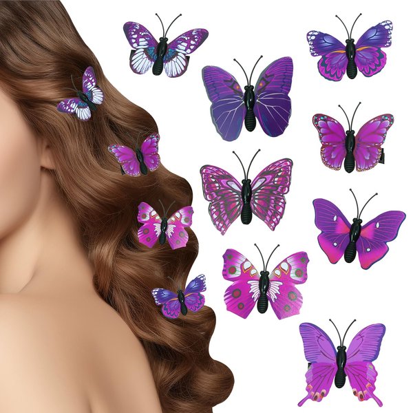 Butterfly Hair Clips Penta Angel 8Pcs Random Styles Glitter Realistic 3D Butterfly Hair Bow Pins Accessories for Women Girls Halloween Wedding Birthday Party Decor (6cm, Purple)