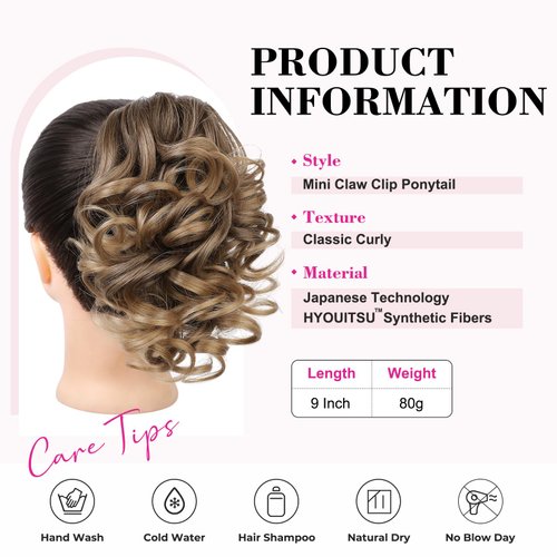 REECHO Ponytail Extension, 9" Claw Clip in Short Curly Wavy Pony Hair Extension Jaw Clip on Pony Tail HP001 Hairpiece for Women - Dark Ash Blonde with Golden Ends