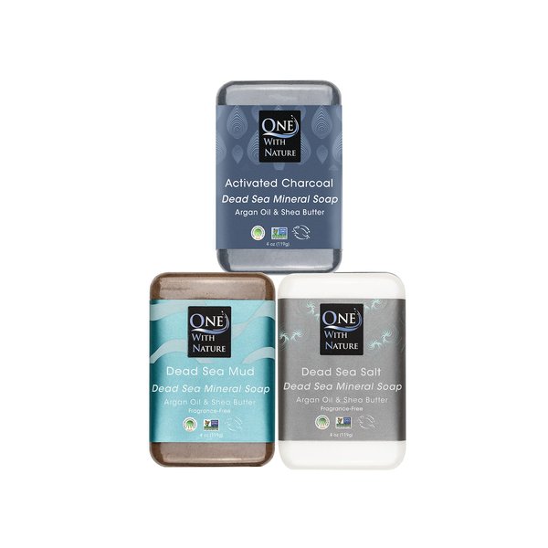 One With Nature 4 Oz Variety 3Pk-Mud, Activated Charcoal, and Dead Sea Mineral Soap with Argan Oil & Shea Butter - Dead Sea Salt Contains Magnesium, Sulfur & 21 Essential Minerals - Acne, Eczema