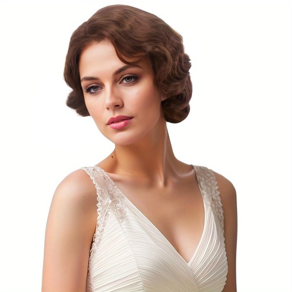 H&Bwig Short Ash Brown 20s Wigs for Women Natural Finger Wave Synthetic Hair Wig for Women Lady Ladies Cosplay Anime Party Costume Anime Flapper Wig