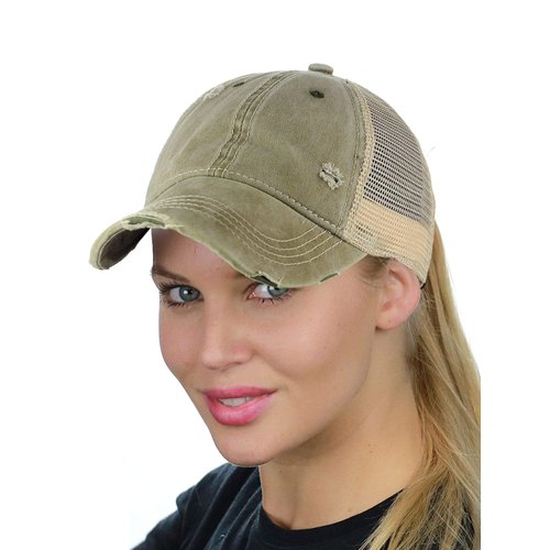 C.C Ponycap Messy High Bun Ponytail Adjustable Mesh Trucker Baseball Cap Hat, Washed Olive