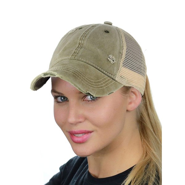 C.C Ponycap Messy High Bun Ponytail Adjustable Mesh Trucker Baseball Cap Hat, Washed Olive