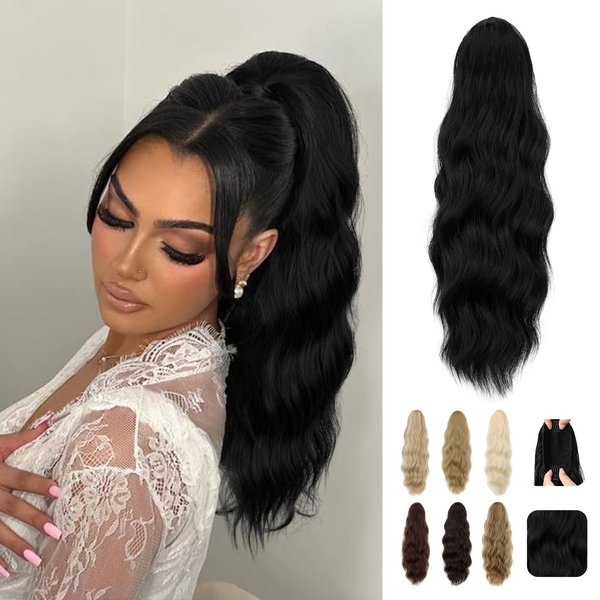 Wodelanle Ponytail Extension, 20 Inch Drawstring Ponytail Extension Long Black Wavy Pony Tails Hair Extensions Synthetic Clip in Fake Ponytail Hairpiece for Women(Dark Black)