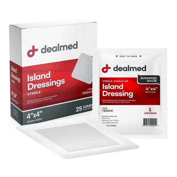 Dealmed Sterile Bordered Gauze Island Dressings – 25 Count, 4" x 4" Gauze Pads, Disposable, Latex-Free, Adhesive Borders with Non-Stick Pads, Wound Dressing for First Aid Kit and Medical Facilities