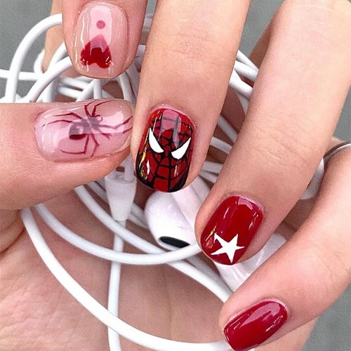 24pcs Halloween Press on Nail Short Square Fake Nails Full Cover Red Spider Designs Stick on Nails Sweet Cool Acrylic Glue on Nails for Women Man Party Cosplay Manicure or Gift