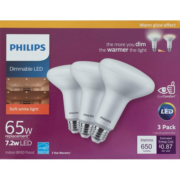 Philips 65W Soft White LED BR30 2700K 3PK