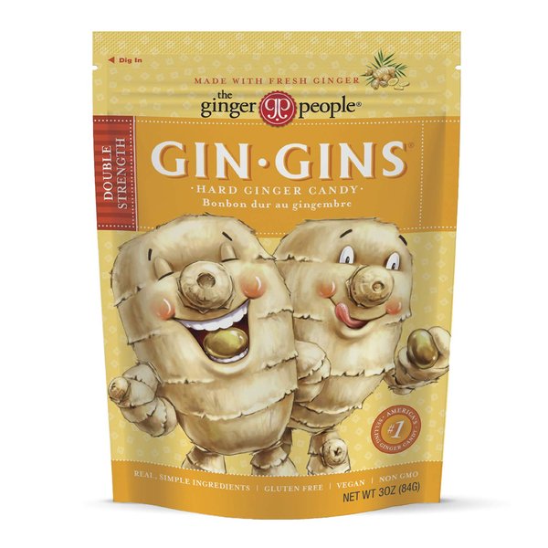 GIN GINS Double Strength Ginger Hard Candy by The Ginger People – Anti-Nausea and Digestion Aid, Individually Wrapped Healthy Candy - Double Strength Ginger Flavor, 3 oz Bags - (Pack of 1)