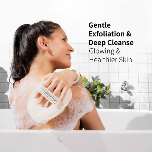 The Loofah Shop Bath Loofah Sponge, Exfoliating Body Scrubber, Shower Luffa for Men, Women and Kids Made of Eco-Friendly Natural Egyptian Loofah with Cotton Travel Pouch, 7" x 5.25" (1pack 2pcs)