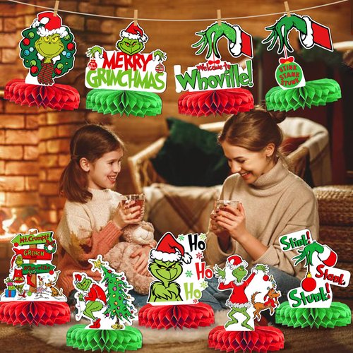 9pcs Red And Green Christmas Table Decorations,Christmas Centerpieces Honeycomb Decorations Whoville Christmas Decorations Christmas Birthday Party Decorations Christmas Party Supplies