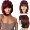 GUOJIAN 12 Inch Short Bob Wigs with Bangs Straight Bob Wigs for Women Synthetic Bob Wigs Natural Looking for Daily Party Cosplay (12inch, wine red)