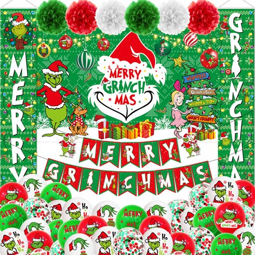 59Pcs Merry Christmas Decorations Merry Christmas Backdrop Banner Merry Christmas Banner Christmas Porch Sign Hanging Outdoor Christmas Decorations Christmas Balloons for Christmas Party Supplies