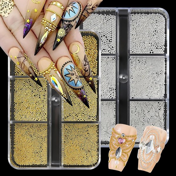 DANNEASY 2 Boxes/12 Grid Metal Beads Caviar Gold Silver Nail Charms 3D Steel Circular Beads for Nails Nail Art Charms Pearls 3D Nail Decoration for Acrylic Nails Making Craft Accessories
