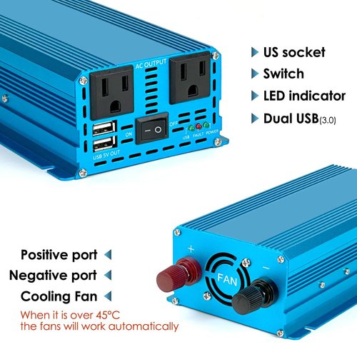 LVYUAN 500 watts 1000 (Peak) Pure Sine Wave Car Power Inverter 12V DC to 110V/120V AC Converter with 2 sockets and USB Port for Car Truck Family Solar System,RV, Truck,Road Trip