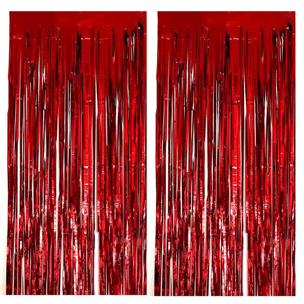 2PCS Party Decoration Backdrop 3.28 * 6.56 Feet Foil Fringe Curtain Tinsel Streamer Photo Backgrounds Hanging Decorations for Chrismas Baby Shower Gender Reveal Birthday Wedding Themed Party Red