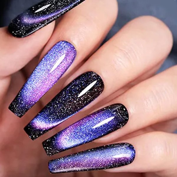 Gsnagole 9D Reflective Cat Eye Gel Nail Polish Set 2 Bottles with Magnetic Stick Chameleon Holographic Sparkling Galaxy Effect Soak Off Manicure DIY at Home (9DMHMY-4-Blue Purple)