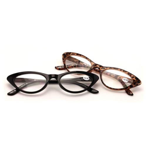 V.W.E. 2 Pairs Deluxe Female Cateye Vintage Reading Glasses Women Readers (1 Black 1 Tortoise, 1.75)