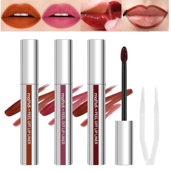 Bekoeen 3PCS Lip Stain Liner, Long Lasting lip liner peel off stain,Natural Peel Off Lip Stain,Matte Tattoo Lip Liner Stain Peel Off,Women's Lip Liner Makeup, Girls gifts(With Clip)